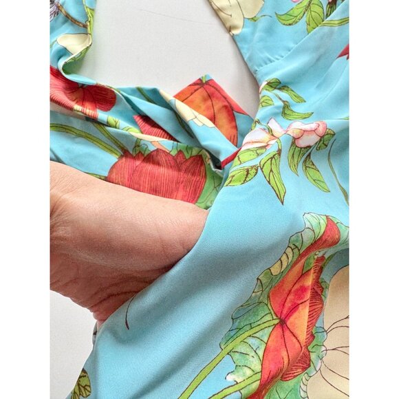 NWOT NATORI Turquoise Blue Floral Matte Satin Kimono Robe, Size M - Picture 9 of 13